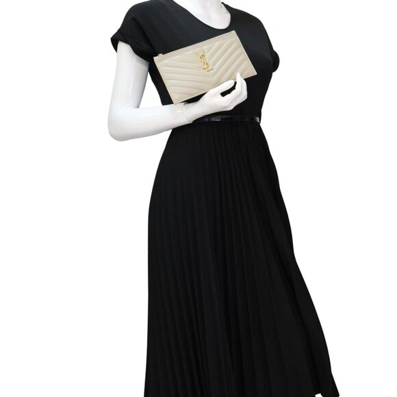 Yves Saint Laurent Monogram Bill Grain De Poudre Chevron Leather Zip Pouch Beige - Picture 2 of 12